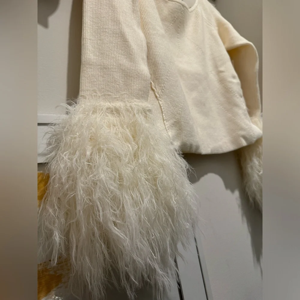 Free People Marilyn Faux Feather Trim Off the Shoulder Crop Sweater - Picture 8 of 10